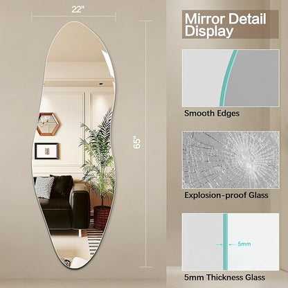 Niccy 65"×22" Frameless Irregular Full Length Mirrors, Long Wall-Mounted Mirror for Living Room, Large Full Body Mirror, Explosion-Proof Tall Hanging-Mirror for Bathroom Bedroom Entryway Decor