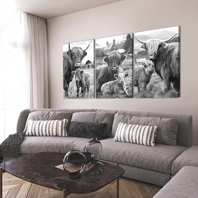 Yatsen Bridge 3 Panel Highland Cow & Calf Canvas Wall Art Warm Cute Cow Family Poster Wall Decor Black White Vintage Animals Artwork for Country Apartment Kitchen Hotel Decoration 24x36inchx3pcs