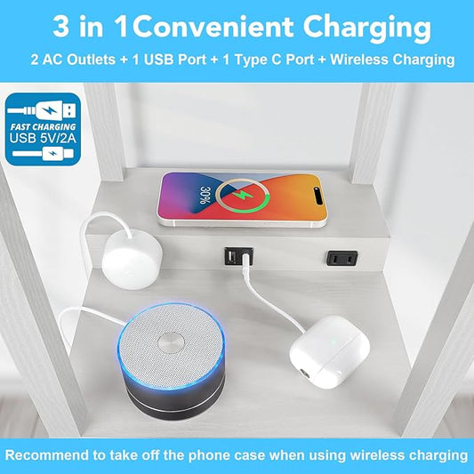 Mlambert Modern Shelf Floor Lamp with Wireless Charger & Fast Charging USB Ports & Type C Port & 2 Power Outlets,3 Tier Storage Lamp for Bedroom,Grey