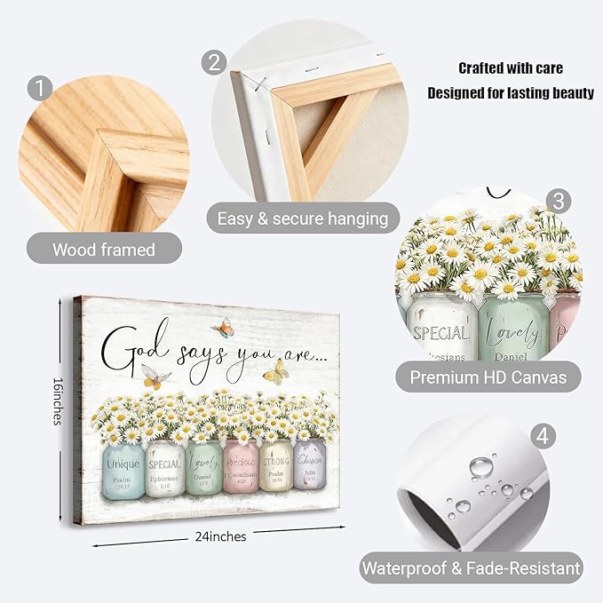 Inspirational Bible Verse Wall Art God Says You Are Sayings Wall Decort Christian Gift Quotes Painting scripture Pictures Print Flowers in Mason Jar Poster for Women Girls Bedroom(24x16 Canvas)