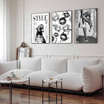 3Pcs Trendy Black and White Leopard Canvas Wall Art Vintage Newspeper Cheetah Wall Decor Fashion Girl Poster Heels Lips Picture Luxury Feminist Painting Print Poster Artwork for Apartment Dorm 24x16in Unframe