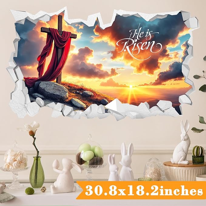 Easter Wall Decoration Stickers He is Risen Wall Art Vinyl Decals Peel and Stick 3D Broken Cross Landscape Stickers Religious Christian Art Murals for Spring Holiday Living Room Kitchen Supplies