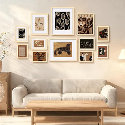 Egofine Picture Frame Set 12 Pack, Picture Frames Collage Wall Decor with Two 11x14, Two 8x10, Four 5x7, Four 4x6 for Wall and Tabletop, Made of Solid Wood, Covered by Plexiglass, Natural Wood