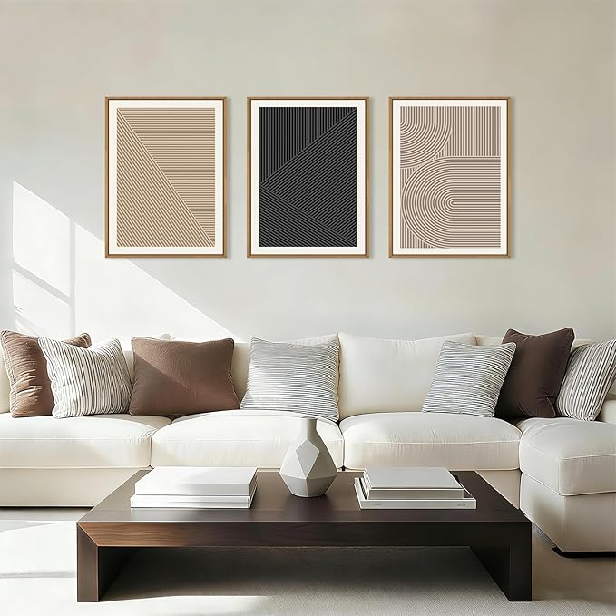 HPNIUB Abstract Neutral Framed Wall Art Set,Mid Century Modern Wall Decor,Boho Geometric Line Art Print,Beige Minimalist Textured Artwork for Living Room, Bedroom,Office-12 x16 x3