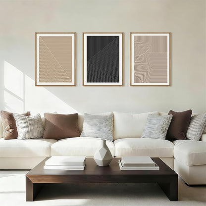 HPNIUB Abstract Neutral Framed Wall Art Set,Mid Century Modern Wall Decor,Boho Geometric Line Art Print,Beige Minimalist Textured Artwork for Living Room, Bedroom,Office-12 x16 x3