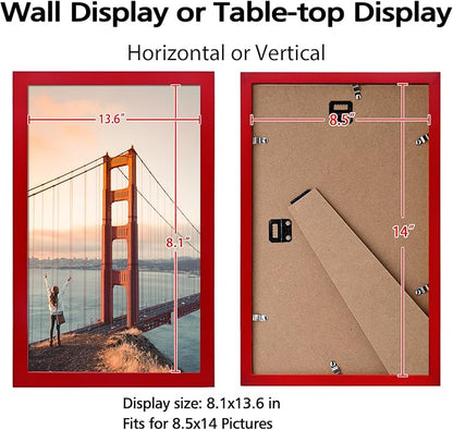 KINLINK 8.5x14 Picture Frames Red, Solid Wood Frames with Acrylic Plexiglass for 8.5x14 without Mat, Tabletop and Wall Display Photo Frame, 4 Pack