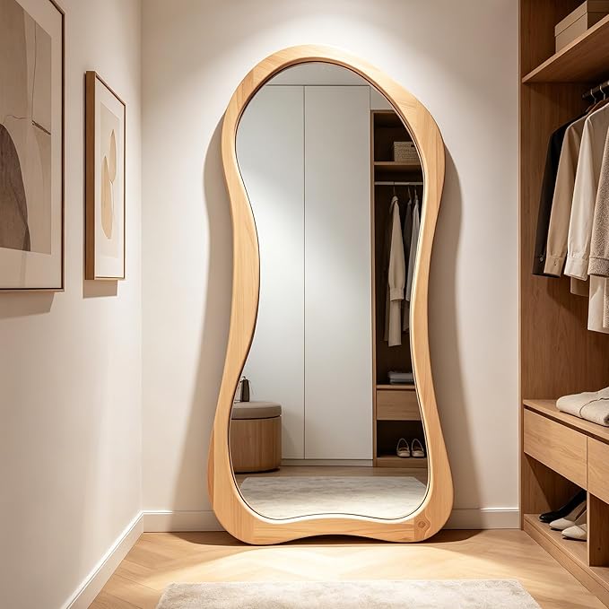 Large Irregular Mirror, 67"x31.5" Asymmetrical Full Body Mirrors with Solid Wood Frame, Premium Organic Aesthetic Floor Mirror for Living Room Entryway Hallway Cloakroom, Leaning/Hanging