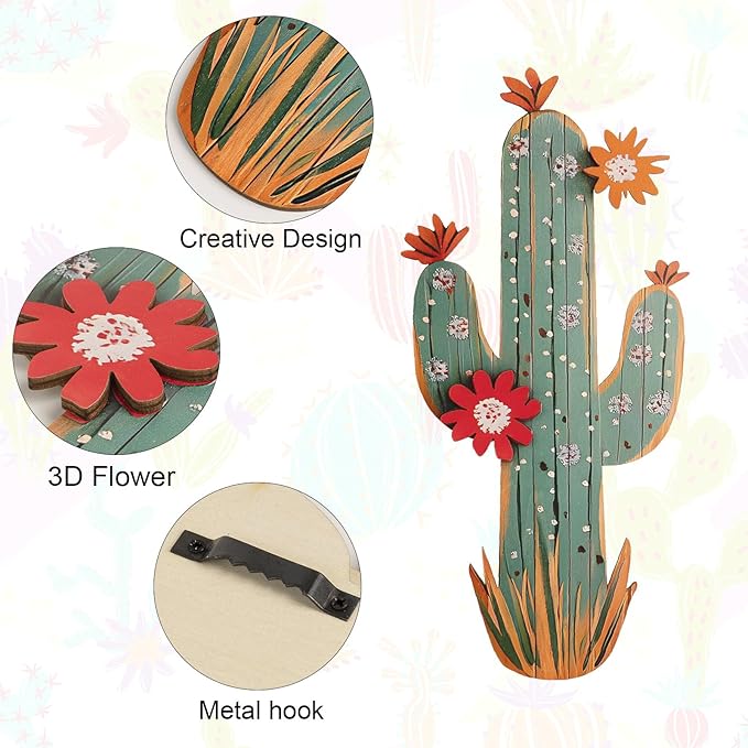 flangairy 3D Cactus Wall Decor, Set of 2 Wooden Cactus Flower Picture Southwestern Wall Art, Western Room Bathroom Bedroom Nursery Kitchen Decorations for Home
