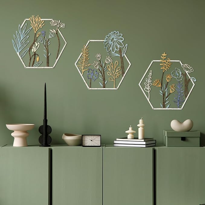 Peryiter 3 Pcs Metal Flower Wall Decor Minimalist Floral Wall Hanging Decor Metal Flower Rustic Floral Art for Spring Living Room Bathroom Kitchen Indoor Outdoor(Beige Gold)