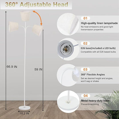 Floor Lamp, Industrial Metal Floor Lamps for Living Room with Adjustable Bendable 2 in 1 Reading Table Lamps for Living Room Bedroom Office (W+ Linen Shade)