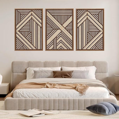 CHDITB Boho Geometric Wood Wall Art(Set of 3, 16"x24"), Large Modern Wooden Panel Hollow Line Art Decor, Rustic Abstract Minimalist Wall Hanging Artwork for Bedroom Living Room Office