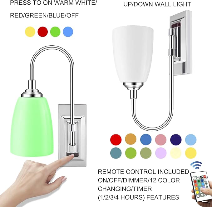 LUXSWAY 12 Colors Changing Wall Lamp, Dimmable Up/Down Wall Sconce,Over Bed Headboard Light for Bedroom Hallway Home Decor- 1Pack