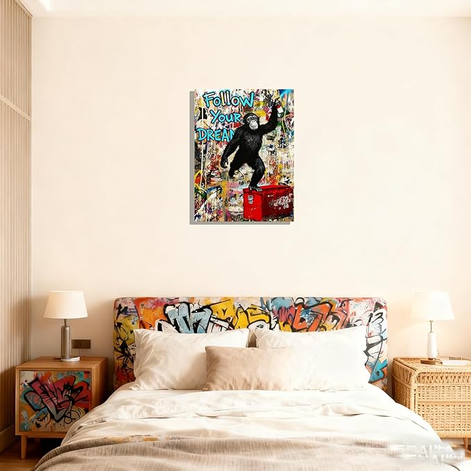 12x16 Graffiti Street Art Gorilla Canvas Wall Decor Urban Pop Funny Picture Monkey Framed Gallery Street Posters Teen Boys Bedroom Pictures Kids Room Prints Men Office Home Decoration