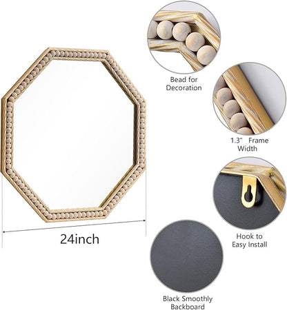 Octagon Bathroom Mirror 24x24 Inch, Gold Accent Mirror, Antique Beaded Mirror Metal Framed, Rustic Square Vanity Mirror for Bedroom Living Room Washing Room Entryway