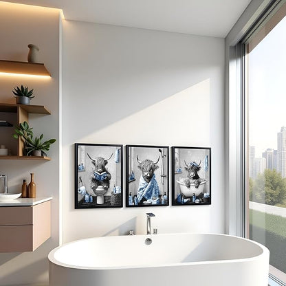 sechars Highland Cow Bathroom Wall Art 3 Piece Funny Bathroom Pictures Canvas Print Grey and Blue Decor (Blue)