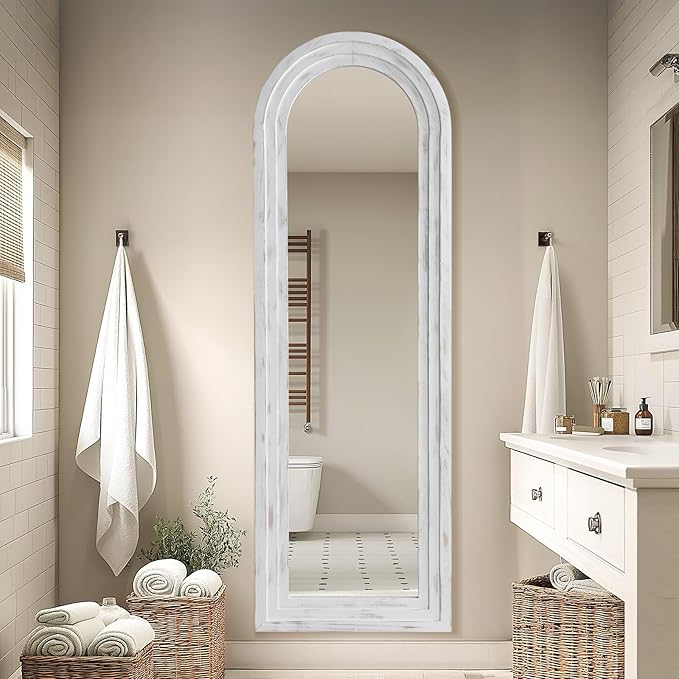 MELOMOIR Arched Full Length Mirror with Solid Wood Frame, 64"x21" Rustic Farmhouse Floor Mirror with Stand, Free Standing Leaning Hanging, for Bedroom Living Room Dressing Room, Weathering White