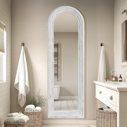 MELOMOIR Arched Full Length Mirror with Solid Wood Frame, 64"x21" Rustic Farmhouse Floor Mirror with Stand, Free Standing Leaning Hanging, for Bedroom Living Room Dressing Room, Weathering White