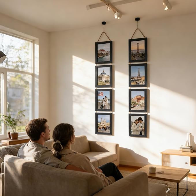 Lavezee 4x6 Black Hanging Collage Picture Frames Set of 2, 8 Opening Vertical Frame Made to Display 4 by 6 Inch Photo for Wall Decor