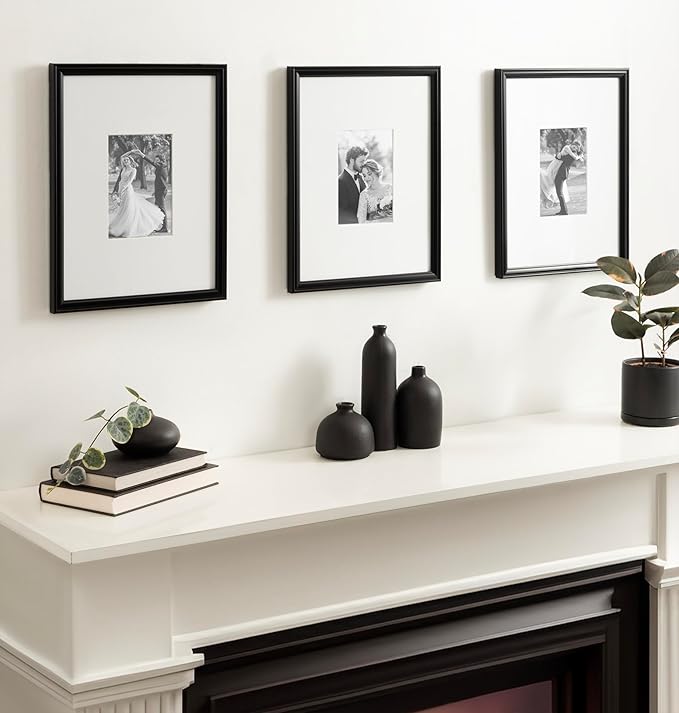 Kate and Laurel Adlynn Rectangle Picture Frame Set of 3; 11 x 14 matted to 5 x 7; Black; Modern Three-Piece Frame Set for Gallery Wall Frame Set in Living Room Wall Decor