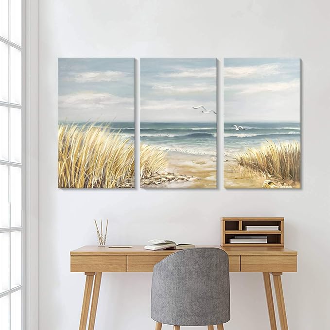 Hardy Gallery Abstract Beach Painting Wall Art: Seashore Artwork Hand Painted Coastal Picture on Canvas for Office (20'' x 34'' x 3 Panels)