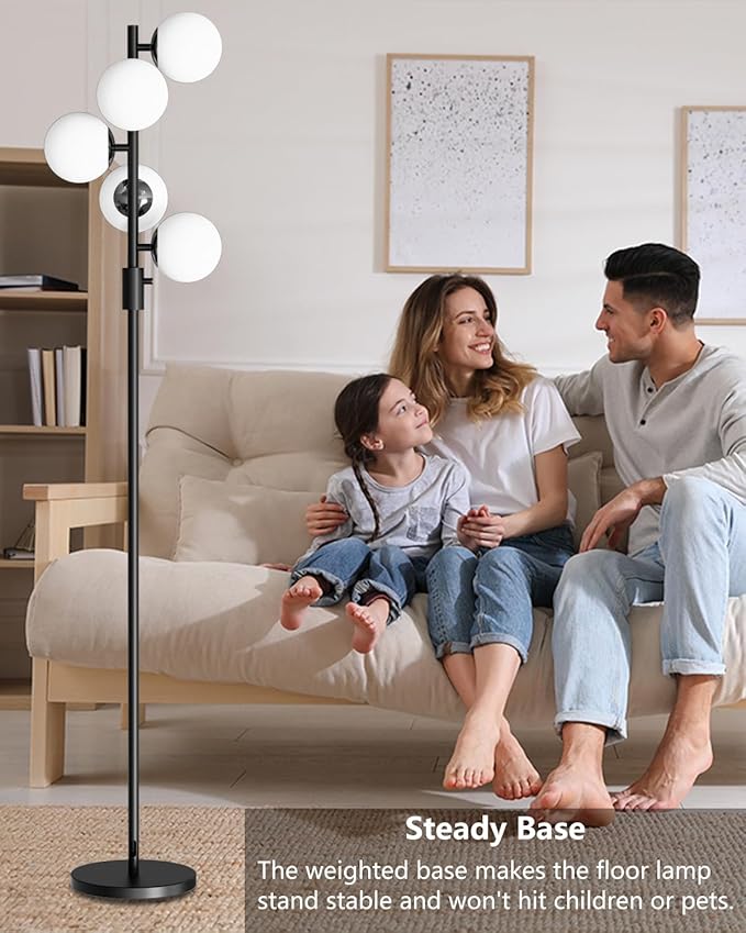 Lightdot 5-Globe Dimmable Globe Floor Lamp Black Retro Standing Lamps with 3000K Bulbs Brightness Adjustable Mid Century Modern Floor Lamp with 5Lbs Heavy Base for Living Room/Bedroom/Sofa Beside