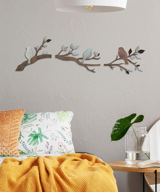 Putuo Decor Birds Branch Metal Wall Art Set Rustic Botanical Wall Decor Songbirds Leaves Neutral Nature Artwork for Living Room, Bedroom, Hallway, Entryway