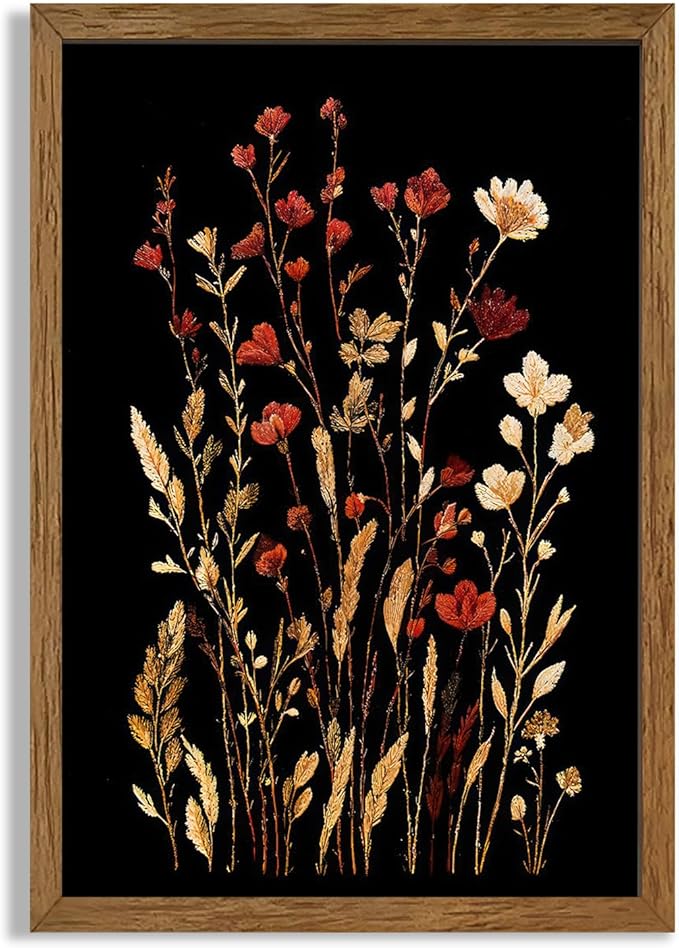 JLTULT Vintage Floral on Black Background Canvas Wall Art, Elegant Dark Wildflower Wall Decor, Botanical Painting Art Prints for Bedroom Bathroom Living Room Office 20x30 In Wood Framed Easy to Hang
