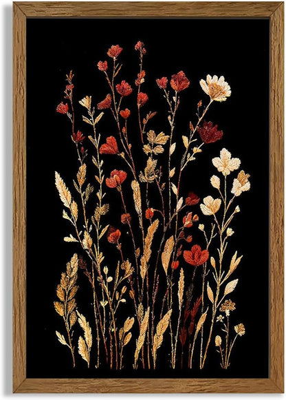 JLTULT Vintage Floral on Black Background Canvas Wall Art, Elegant Dark Wildflower Wall Decor, Botanical Painting Art Prints for Bedroom Bathroom Living Room Office 20x30 In Wood Framed Easy to Hang