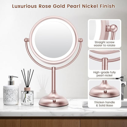 VESAUR Lighted Makeup Mirror Rose Gold Nickel, Double Sided 1X/10X HD Undistorted Magnifying Mirror, 8.5" Vanity Mirror with 3 Colors Dimmable 90 Bright LEDs, 360°Swivel Two Power Supply, Luxury Gifts