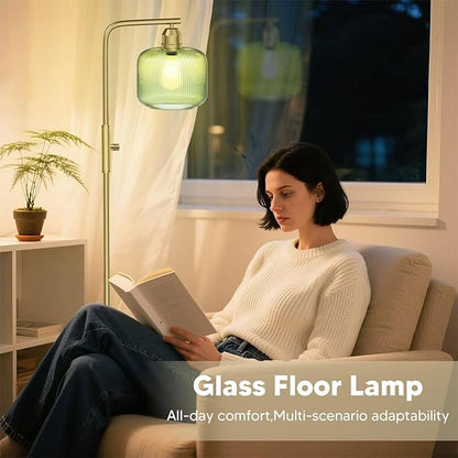 Glass Floor Lamp for Living Room, Modern Standing Lamp with Green Ribbed Glass Lampshade&Brushed Gold, Stepless Dimmable Rotary Switch, 66” Tall Lamp & Gold Floor Lamp for Bedroom Study Room