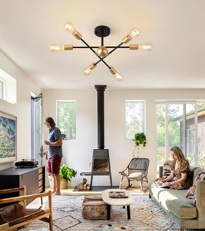 MEIXISUE Modern Semi Flush Mount Ceiling Light Fixture Black and Gold Close to Ceiling Light 6-Light Sputnik Chandelier Light Fixture for Hallway Entryway Bedroom Kitchen Dining Room UL Listed