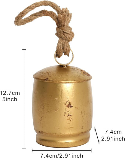 Handmade Vintage Gold Metal Cow Bell Ornament, 5 Inch Rustic Farmhouse Hanging Bell with Jute Rope, Distressed Antique Bell for Door Handles, Wreaths, Wall Hooks, Mantels & Porch Décor