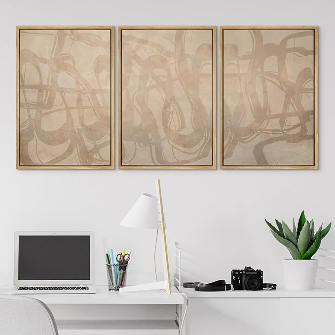 SIGNLEADER Framed Canvas Print Wall Art Set Beige Modern Abstract Line Art Illustrations Minimal Decorative Bohemian for Living Room, Bedroom, Office - 16"x24"x3 Natural