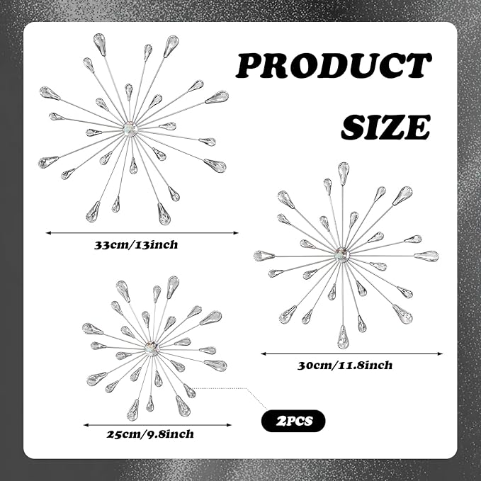 ZEXUIRU 4 Pcs Silver Starburst Wall Decor Metal Bling Wall Art Crystal Accents 3D Modern Decoration Glam Hanging Sculptures for Living Room Bedroom Office Teen Girl Room – Easy to Hang Home Decor Set