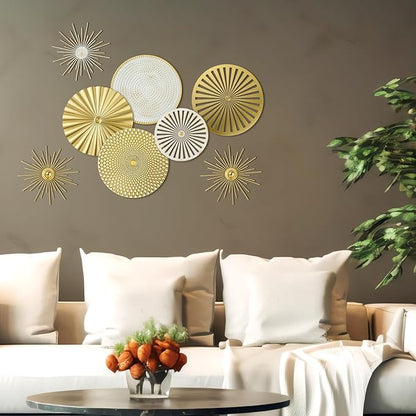 Lingvee 8 Pcs Gold Wall Decor Modern Metal Decor Metal Starbursts Radial Plate Art Hanging Decorative Wall Decorations for Home Bedroom Bathroom Living Room Office Sculpture (Gold, White)