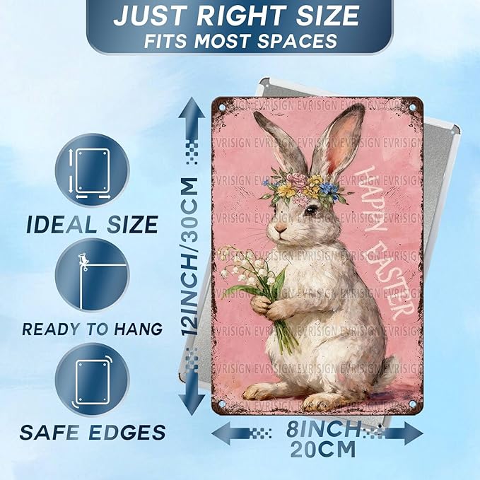 Happy Easter Bunny Metal Sign Pink Background Design Rustic Farmhouse Wall Art For Home Kitchen Garden Spring Decor 8x12Inch