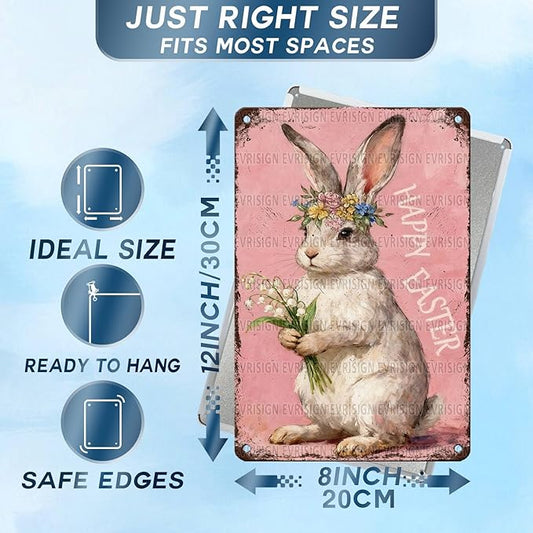Happy Easter Bunny Metal Sign Pink Background Design Rustic Farmhouse Wall Art For Home Kitchen Garden Spring Decor 8x12Inch