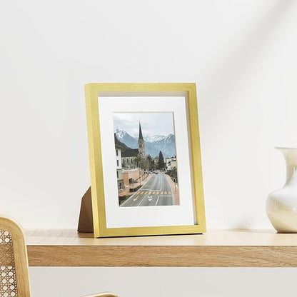 Vittanly 8.5x11 Picture Frames Set of 9, Shatter Resistant Plexiglass, Display 6x8 Pictures with Mat or 8.5x11 without Mat, Photo Frames for Wall or Tabletop, Engineered Wood, Gold