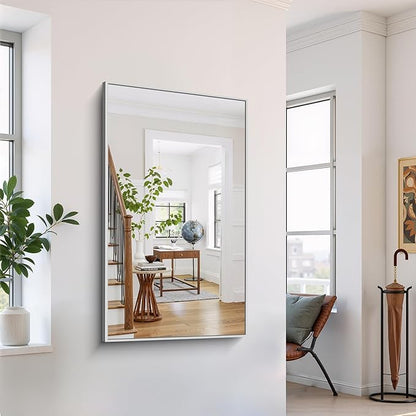 YIROMAN Bathroom Mirror 50"x30", Large Brushed Silver Bathroom Mirror for Over Sink with Aluminum Frame, Rectangular Vanity Mirror with Right Angle, Wall Mirror Hangs Horizontal or Vertical