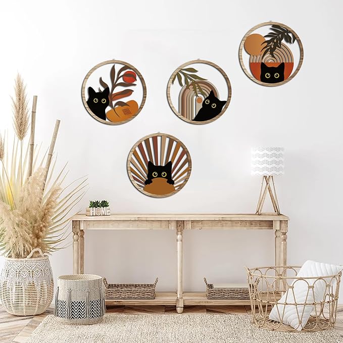 Boho Black Cat Wall Art Black Cat Room Decor Aesthetic, 4-Piece Farmhouse Geometric Wooden Cat Wall Decor Mid-Century Bohemian Moon Sun Design for Nursery, Bedroom Perfect Cat Lover Gifts
