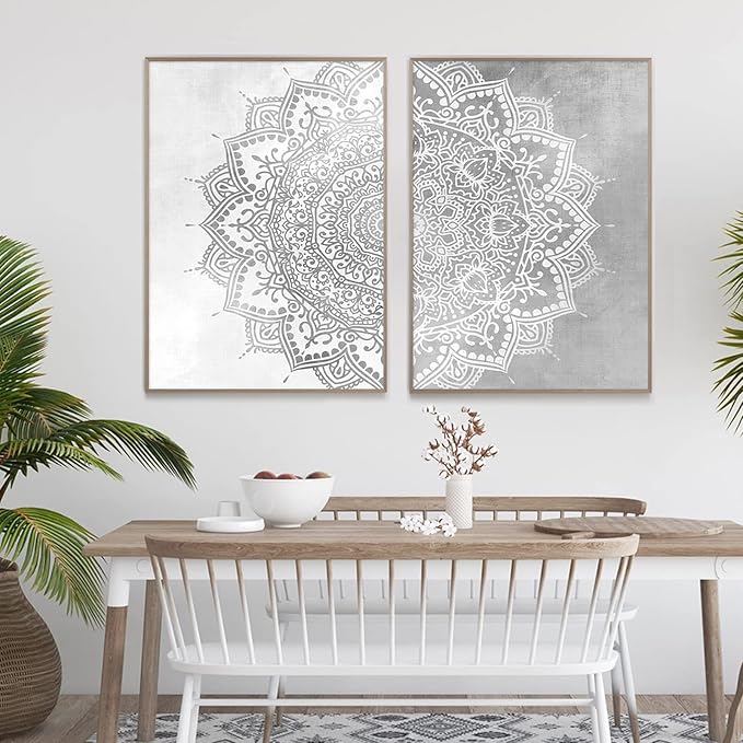 Pennclys Gray Mandala Wall Art Mandala Canvas Wall Decor Abstract Flower Yoga Wall Art Boho Mandala Picture Yoga Lotus Painting Artwork for Living Room Bedroom Decor 16x24x2 Inch Unframed