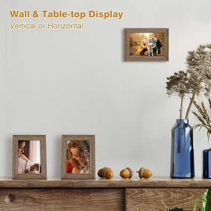 KINLINK 3.5x5 Picture Frame Brown Wood, Solid Wood Frames with Plexiglass for Table Top and Wall Mounting, Photo Frames for Horizontal or Vertical Display, 4 Pack