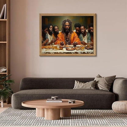 Framed Modern Black Jesus Canvas Wall Art African American The Last Supper Painting Picture Wall Decor Black Man Christian Poster Print Artwork for Kitchen Dining Living Room Bedroom Home Decor8x10in