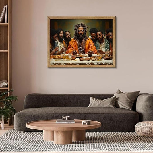 Framed Modern Black Jesus Canvas Wall Art African American The Last Supper Painting Picture Wall Decor Black Man Christian Poster Print Artwork for Kitchen Dining Living Room Bedroom Home Decor12x16in