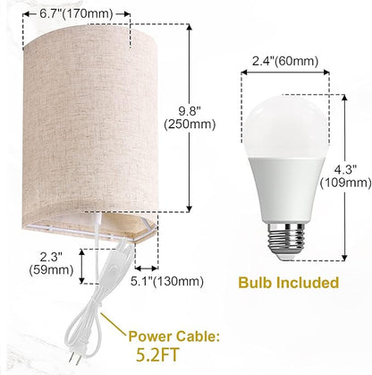 AVV Wall Sconces Set of Two, Wall Lamp Plug in with On/Off Switch, 2700K 4000K 5000K Selectable, Wall Lights for Bedroom, Living Room, Wall Decor for Bedroom, Fabric Linen Lamp Shades