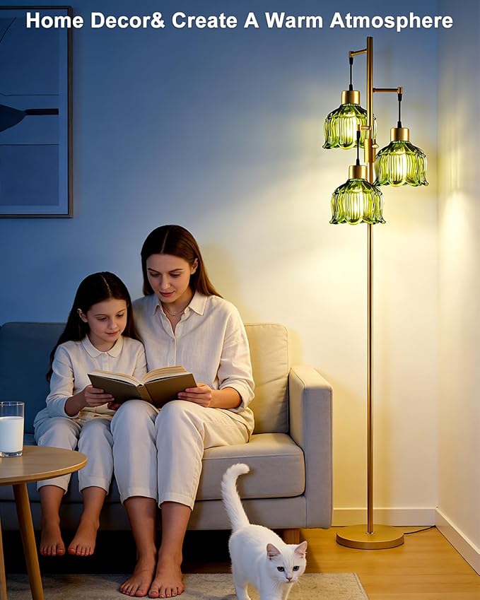 3-Light Modern Glass Floor Lamp, Gold Standing Tall Lamp with Green Vertical Rib Glass Shade for Reading, Dimmable LED Floor Lamp with 5Lbs Heavy Base for Living Room Bedroom Home Decor, Bulb Included