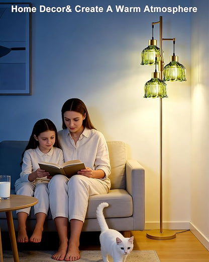 3-Light Modern Glass Floor Lamp, Gold Standing Tall Lamp with Green Vertical Rib Glass Shade for Reading, Dimmable LED Floor Lamp with 5Lbs Heavy Base for Living Room Bedroom Home Decor, Bulb Included