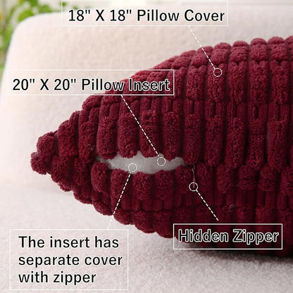 2 Pack Corduroy Decorative Throw Pillow with Inserts, 18x18 Inch Soft Boho Throw Pillow, Square Striped Throw Pillows for Couch, Bed, Sofa Decor (Burgundy)