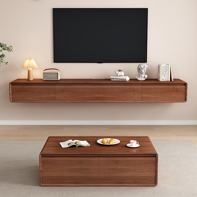 Floating TV Stand Large Floating TV Shelves Wall Mounted Multi Storage Compartment TV Media Console Floating TV Cabinet Bench Under TV Large Storage (Brown C, 78.7 * 7.9 * 9.4 in)