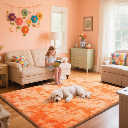 Mottling Orange Fluffy Rug Shag Area Rug, 5x8 Area Rugs for Girls Bedroom, Soft Cute Baby Play Mat, Indoor Floor Carpet for Teen, Nursery, Preppy Dorm, Plush Aesthetic Bedside Rug